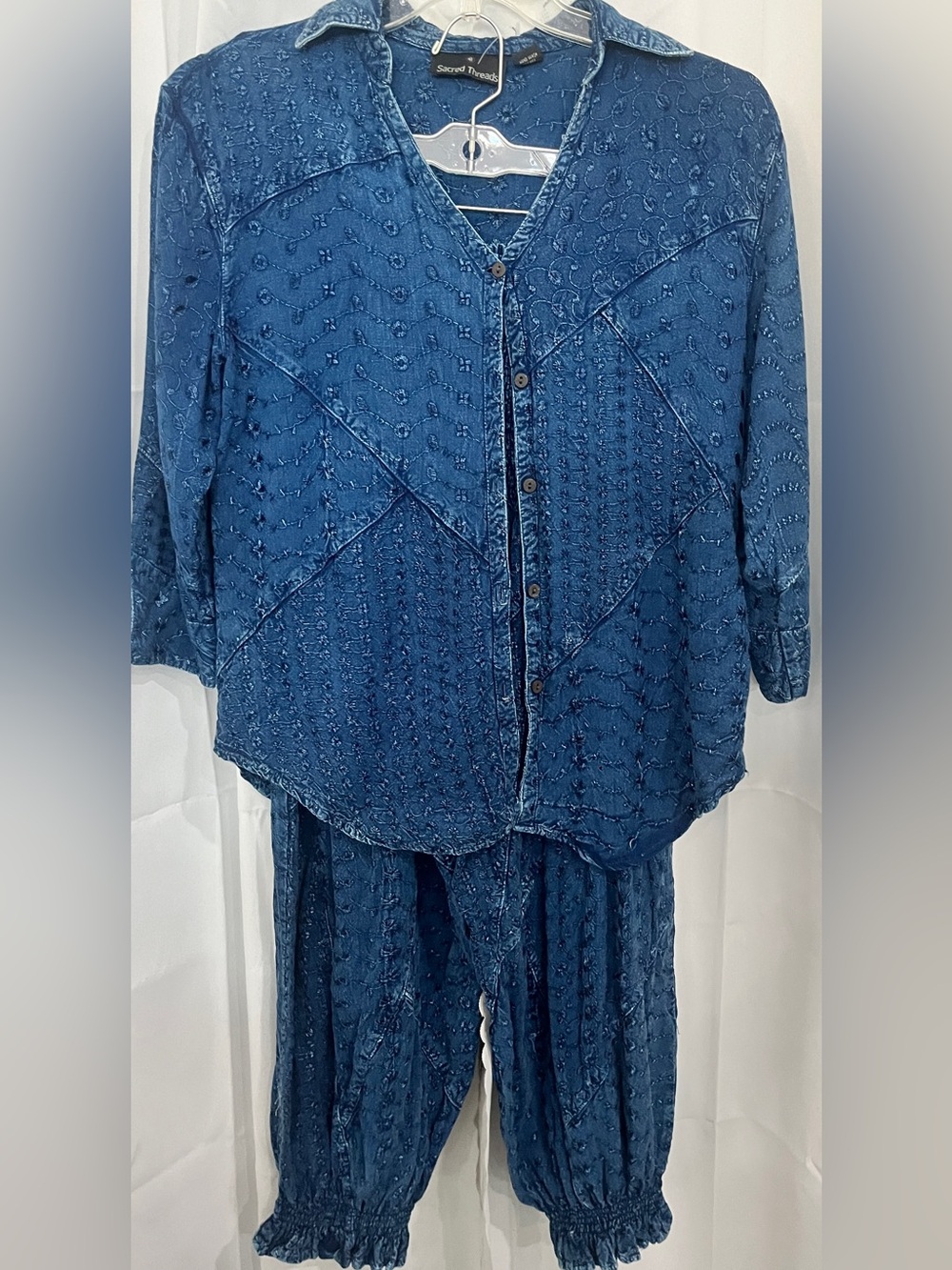Sacred Threads Blue Embroidered Button-Up Jumpsuit Set